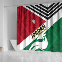 Jordan Independence Day shower curtain showing red/green flag design and black chevron stripes