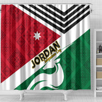 Jordan Independence Day shower curtain featuring red and green flag graphics and chevron top