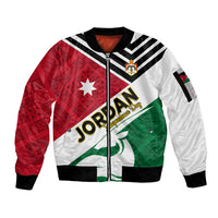 Red, green & white zip-up bomber jacket with folk pattern, stand collar, front zipper