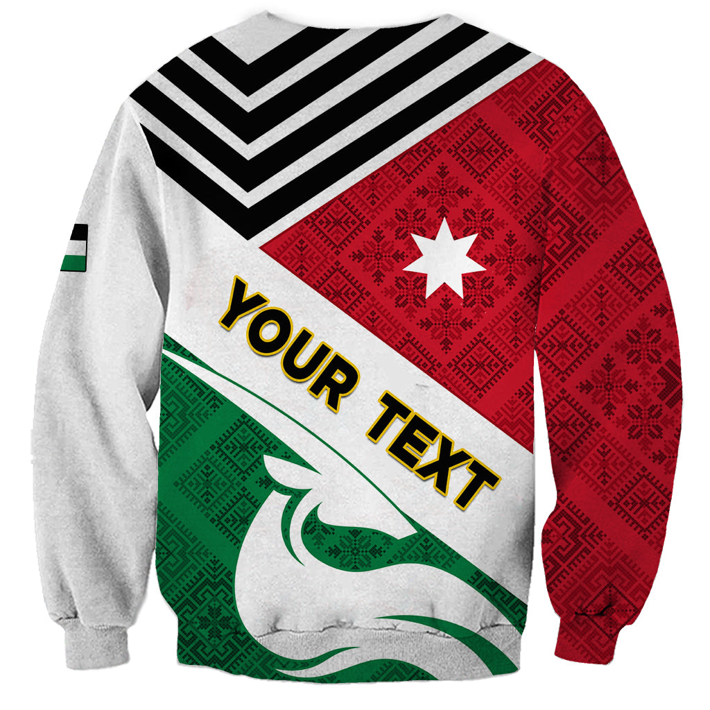 Sweatshirt with black chevron, red star, green stripe and large 'YOUR TEXT' graphic