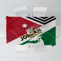 Flag-themed tablecloth with JORDAN lettering, red star, green folk border, black chevrons