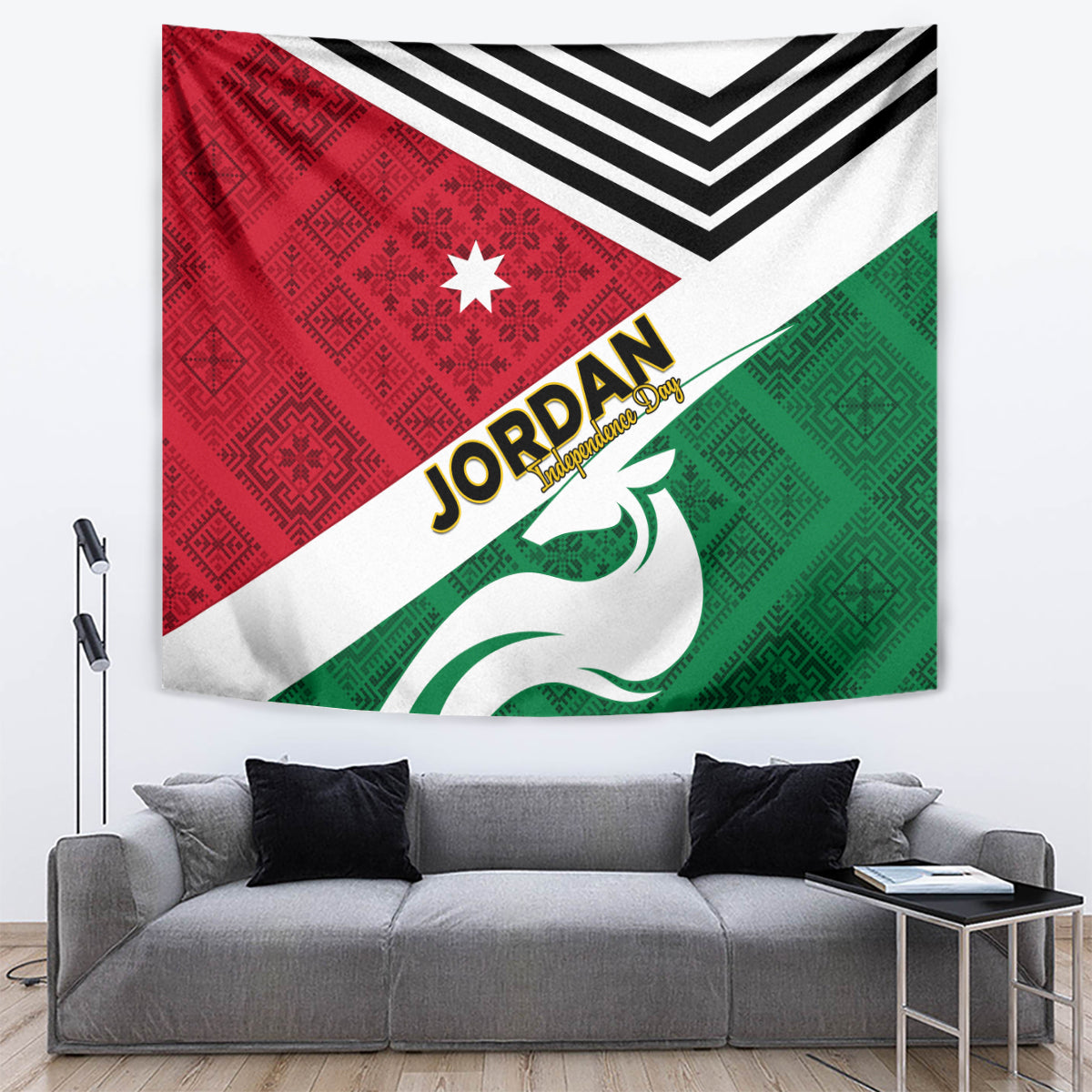 Jordan flag tapestry wall hanging in red, white, green with black chevrons, star, and Jordan text