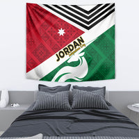 Jordan flag tapestry wall hanging with red and green patterned sections, white center, dragon emblem, star