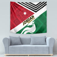 Jordan flag tapestry wall hanging with black chevron border, red/green geometric patterns, star and emblem