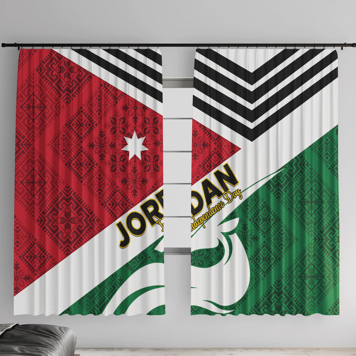 Jordan-themed window curtains with red, green, white, black chevrons, and star print