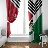 Jordan independence window curtains gathered at sides with red star and green wave emblem