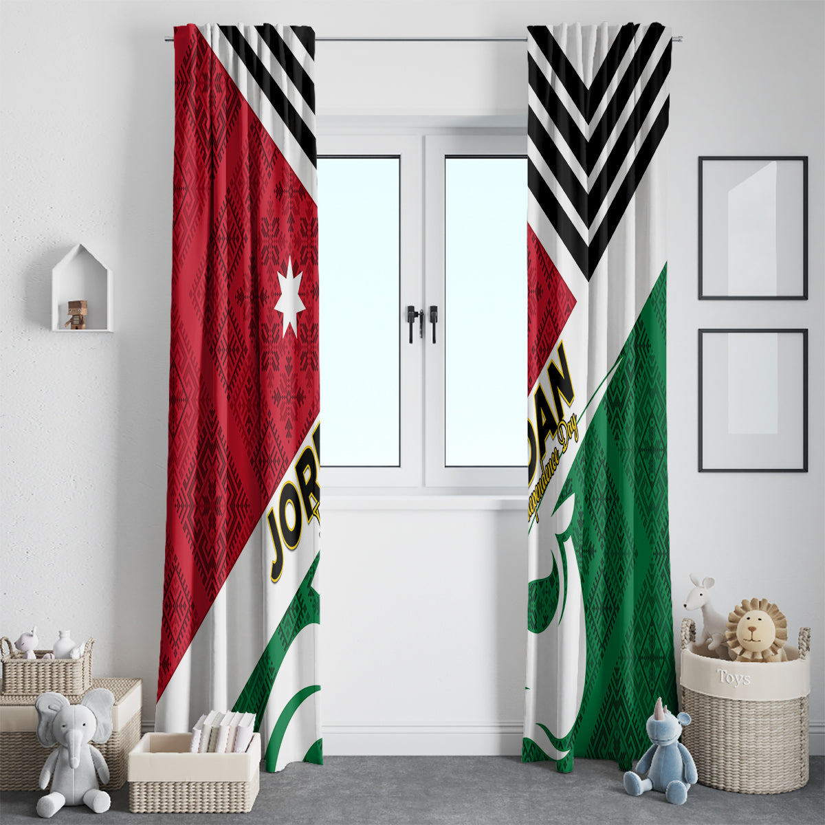 Jordan flag style window curtains with red and green sections and black chevron stripes