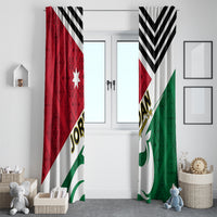 Jordan flag style window curtains with red and green sections and black chevron stripes