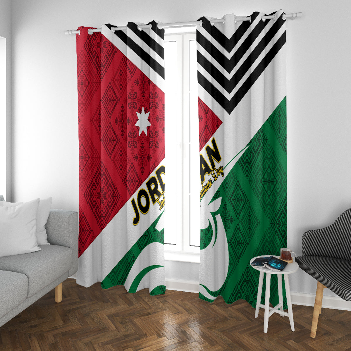 Jordan themed window curtain pair with bold chevrons, red star, and green emblem details