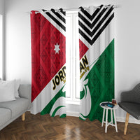 Jordan themed window curtain pair with bold chevrons, red star, and green emblem details