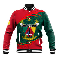 Unisex varsity baseball jacket, red and green with crest, snap-button front and striped cuffs
