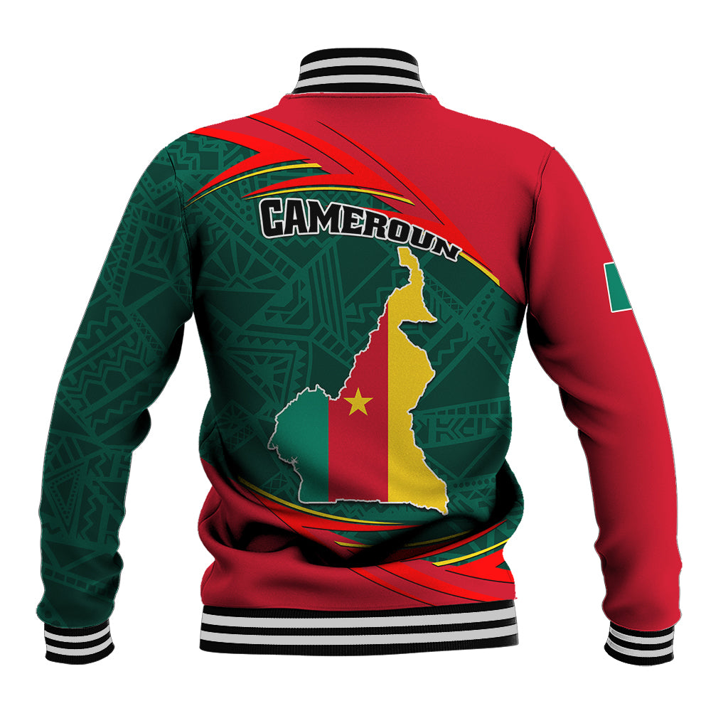 Unisex baseball jacket, red and green with Cameroon map emblem and striped rib trim