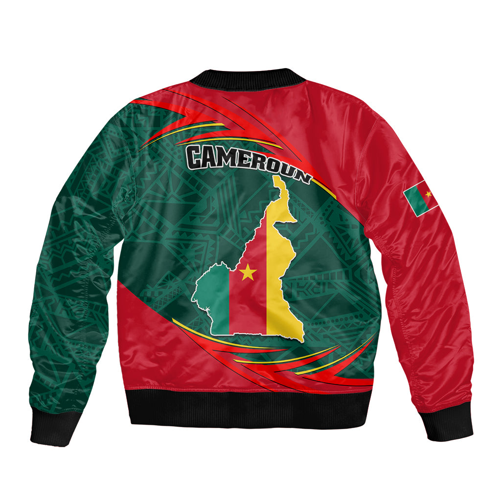 Unisex bomber jacket with green and red Africa-style crest, front zipper, ribbed hem