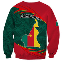 Unisex red and green sweatshirt with Cameroon emblem, map, and text graphic on back