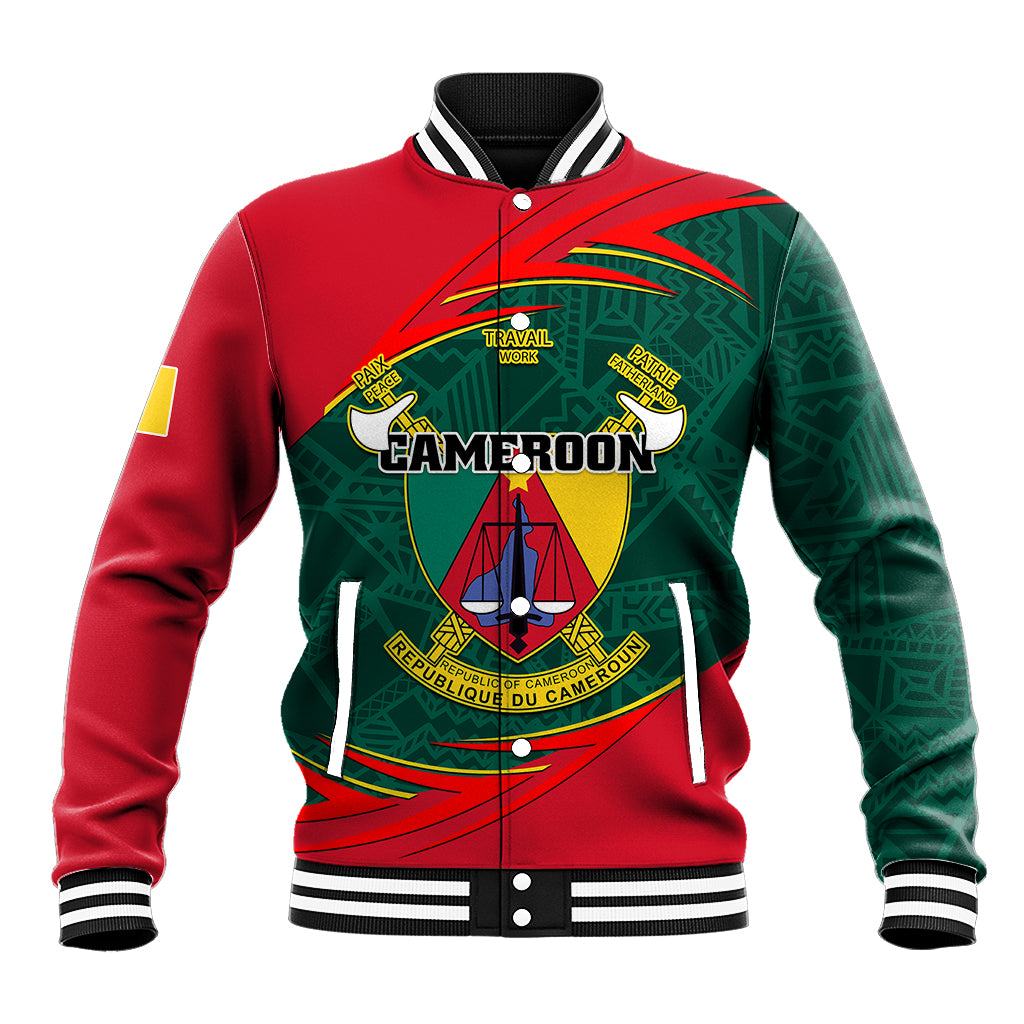 Unisex baseball jacket in red and green with CAMEROON crest, snap front and striped collar
