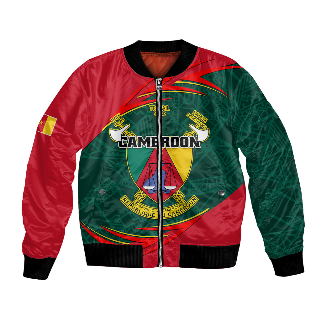 Bomber jacket in red and green with front zip, ribbed cuffs, crest graphic
