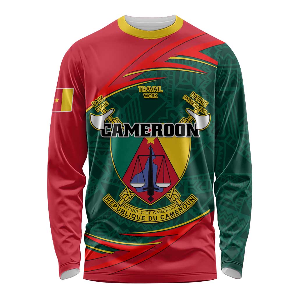 Unisex long-sleeve shirt with Cameroon crest, shield graphic, red and green panels