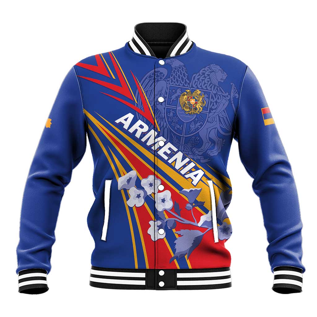 Blue baseball jacket with ribbed knit collar and cuffs, front snap buttons, graphic crest