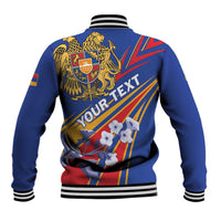 Blue varsity baseball jacket, ribbed hem and collar, large back graphic panel with stripes