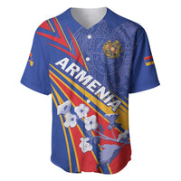 Blue baseball jersey with button front, crest patch, and Armenia flag-style stripes