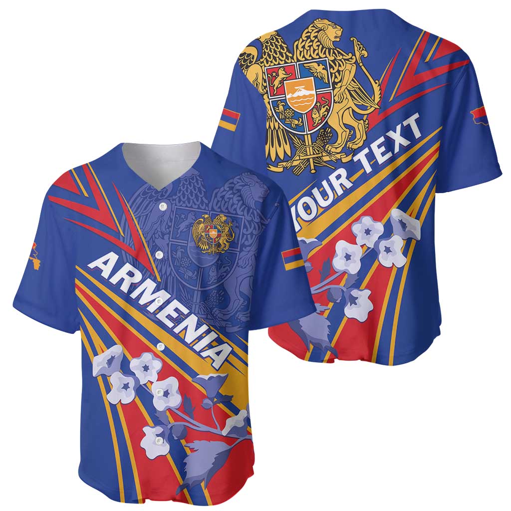 Blue baseball jersey with front and back Armenia graphics, button front and logo