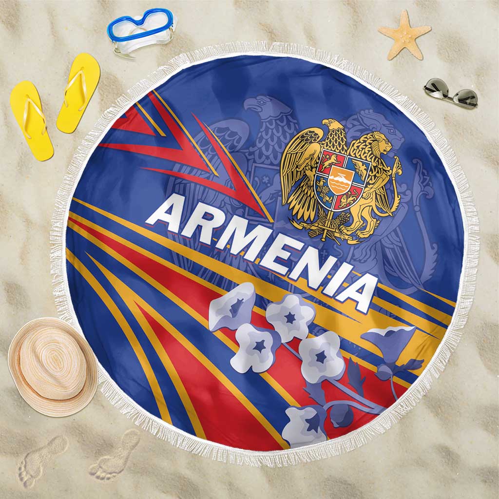 Round blue beach blanket with Armenia crest and fringe edge