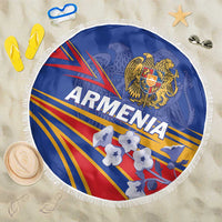 Round blue beach blanket with Armenia crest and fringe edge