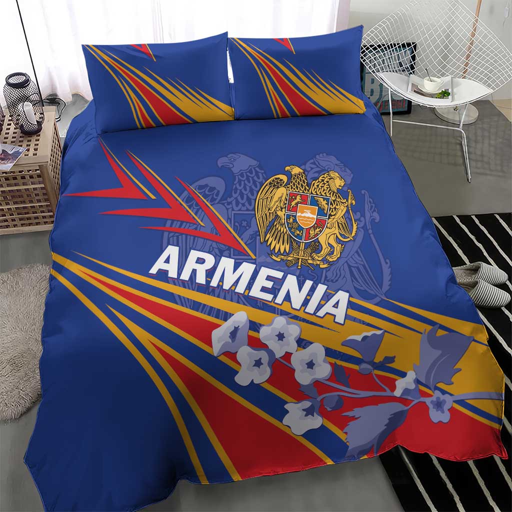 Blue duvet and pillow set with Armenia crest and bold fan-shaped stripe pattern in red and yellow