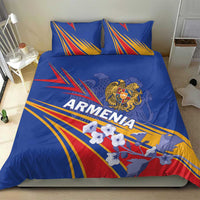Blue bedding set with two pillows; Armenia crest and flag-style graphic with red, white, and blue