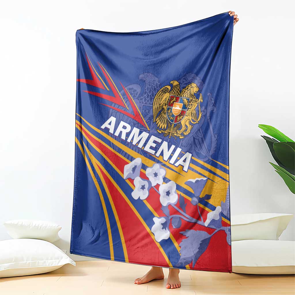 Blue blanket raised for display, showing Armenia eagle crest and flag rays graphic