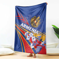 Blue blanket raised for display, showing Armenia eagle crest and flag rays graphic