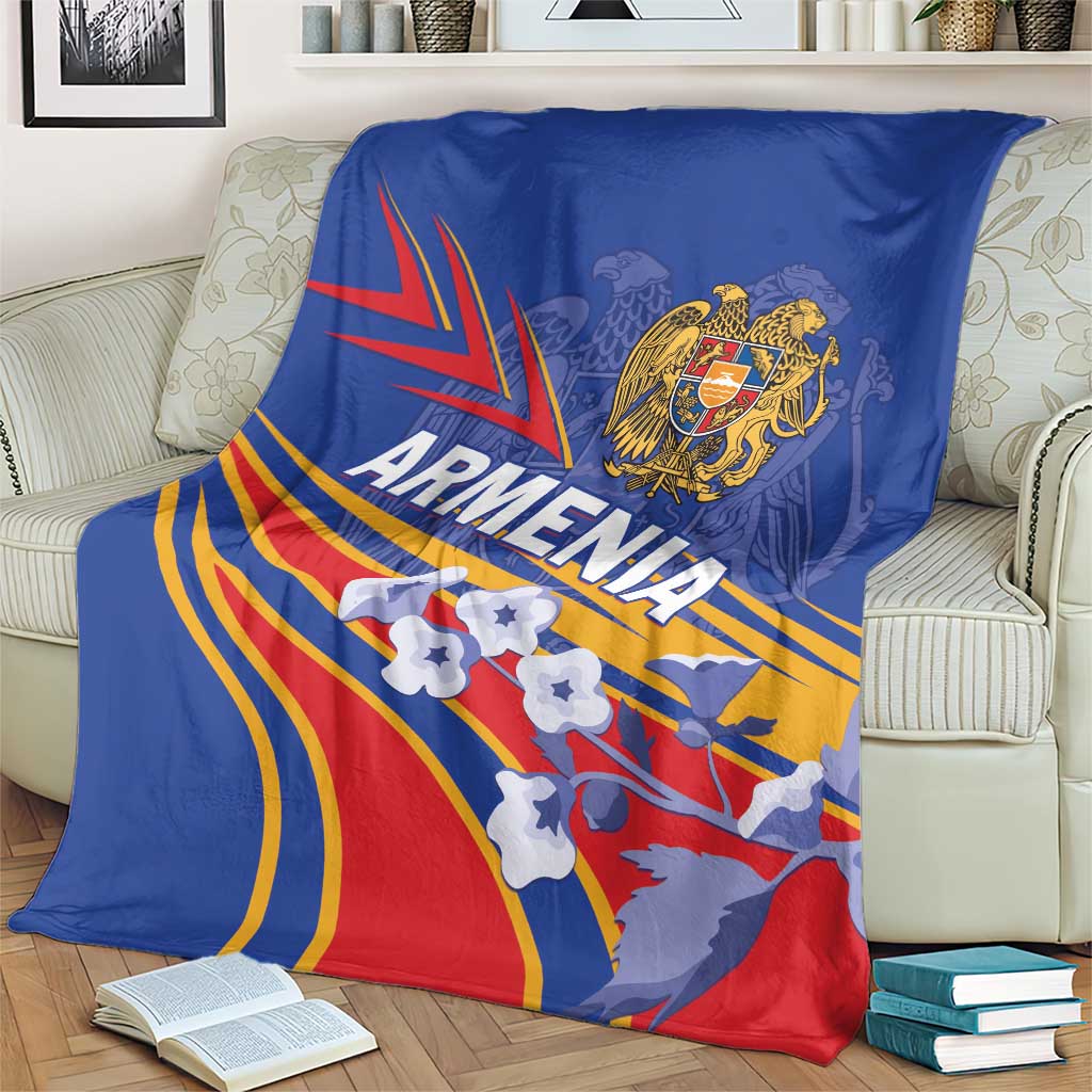 Blue blanket with Armenia crest and bold “Armenia” text, featuring patriotic flag rays