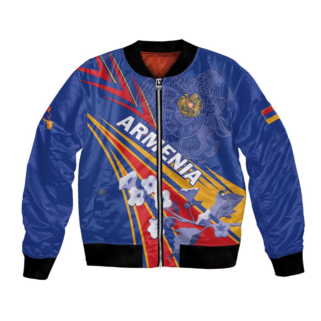 Blue bomber jacket with zip front, ribbed trim, crest and front graphic