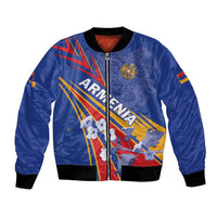 Blue bomber jacket with zip front, ribbed trim, crest and front graphic