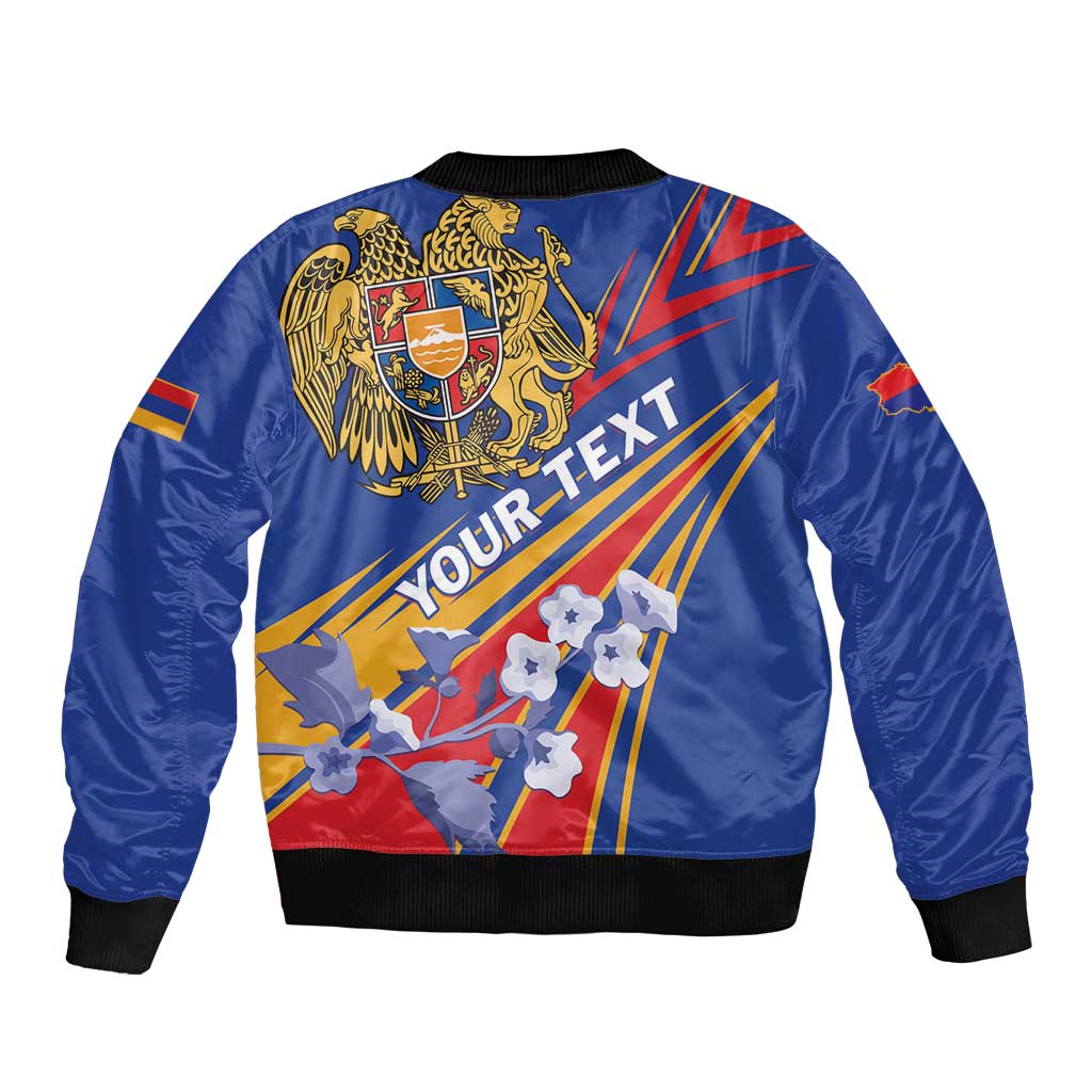 Blue satin bomber jacket with ribbed collar, cuffs, hem and colorful back graphic