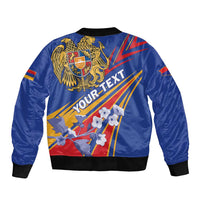 Blue satin bomber jacket with ribbed collar, cuffs, hem and colorful back graphic
