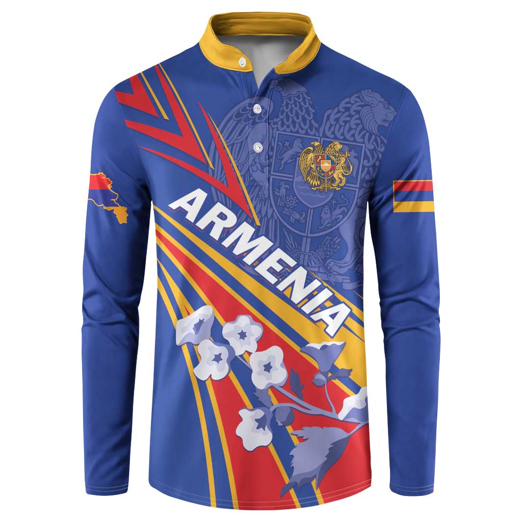 Blue button sweatshirt with yellow collar and Armenia graphic front print, long sleeves
