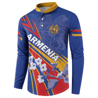 Blue button sweatshirt with yellow collar and Armenia eagle badge graphic, long sleeves