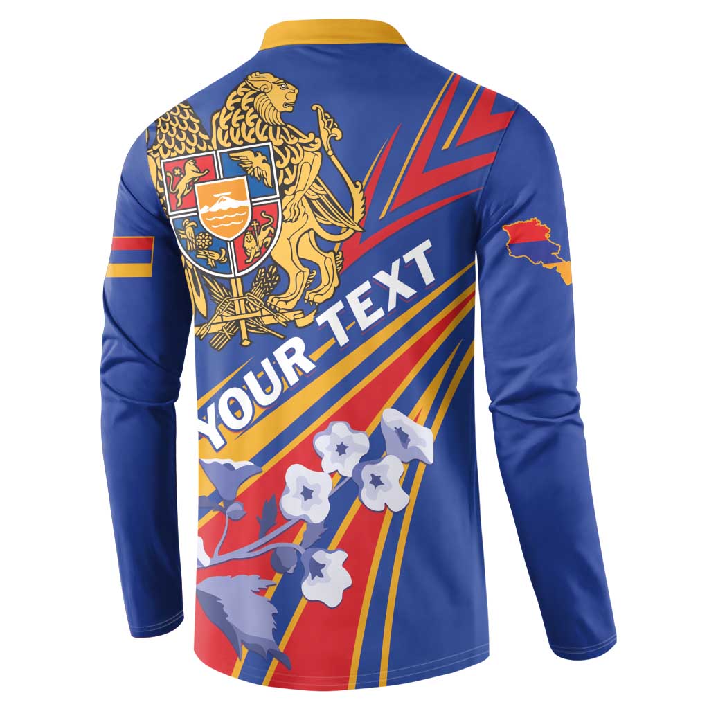 Blue button sweatshirt with yellow collar and back graphic, eagle crest over 'YOUR-TEXT'