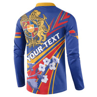 Blue button sweatshirt with yellow collar and back graphic, eagle crest over 'YOUR-TEXT'