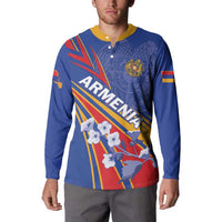 Blue button sweatshirt with yellow collar and Armenia graphic, front view