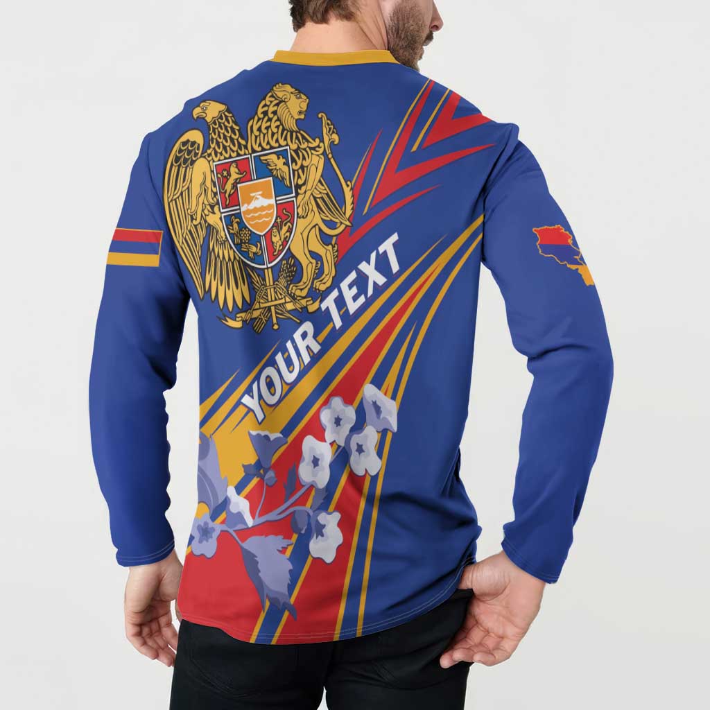 Blue button sweatshirt, yellow collar, back print with eagle crest and 'YOUR-TEXT' graphic