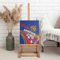Blue canvas wall art with Armenia text, gold emblem, and red, yellow, and white details.