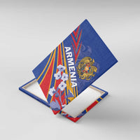 Blue Armenia canvas wall art shown at an angle with emblem, rays, and white cloud shapes.