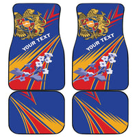 Set of four blue car mats with crest, wings, and lightning stripe pattern