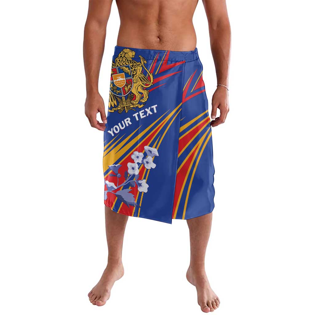 Blue printed wrap skirt with crest emblem, yellow diagonal stripes, and floral motif