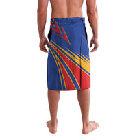 Blue printed wrap skirt with multicolor stripes and red side panel