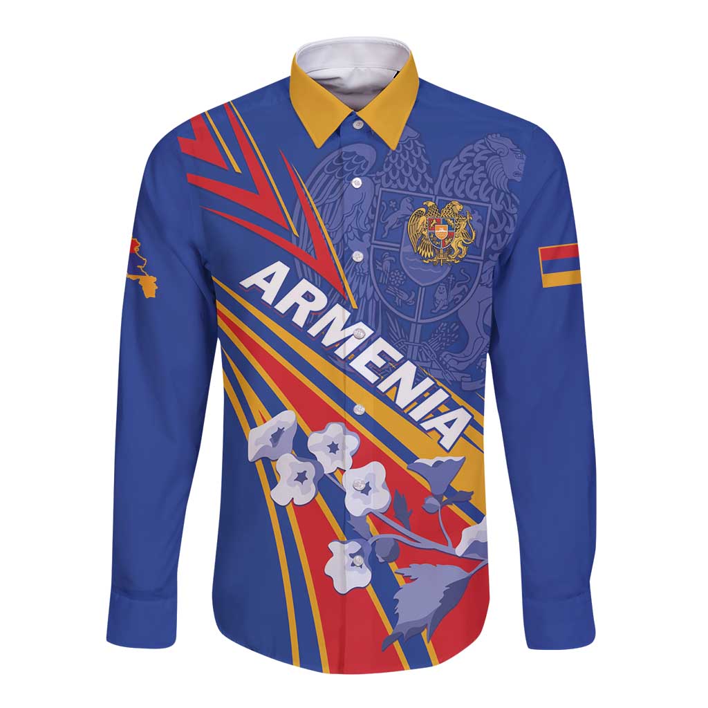 Blue long-sleeve button shirt with yellow collar and bold Armenia-style graphic print