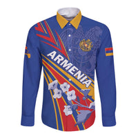 Blue long-sleeve button shirt with yellow collar and bold Armenia-style graphic print