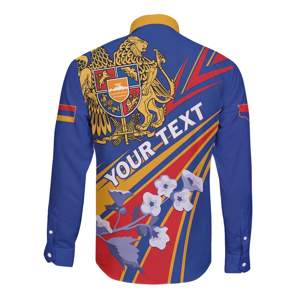 Back view blue long-sleeve button shirt with crest, yellow stripe sleeves, large text
